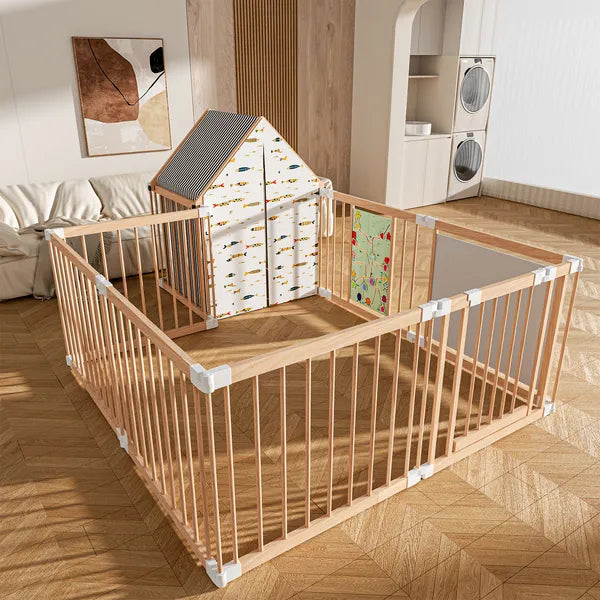 Natural Wood 10-Panel Foldable Baby Playpen