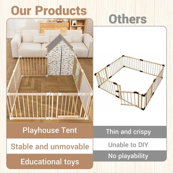 Natural Wood 10-Panel Foldable Baby Playpen