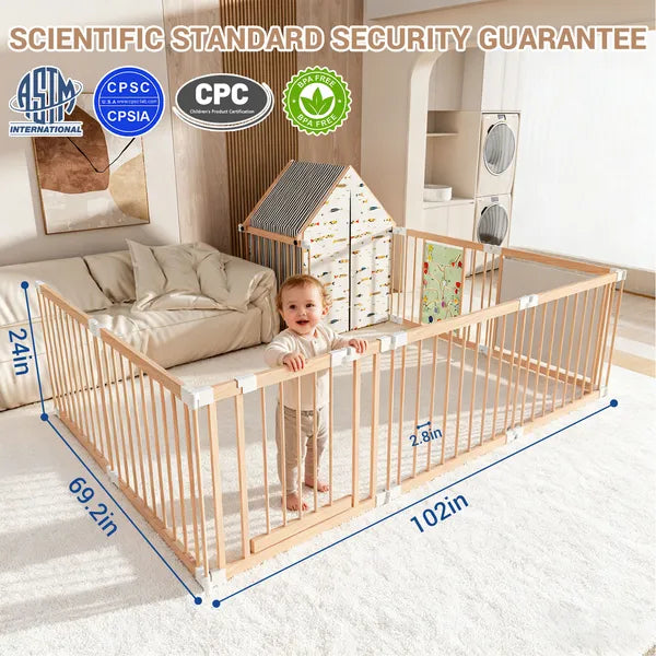 Natural Wood 10-Panel Foldable Baby Playpen