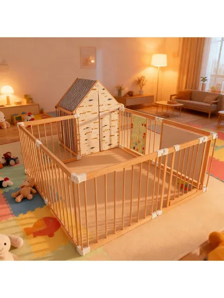 Natural Wood 10-Panel Foldable Baby Playpen