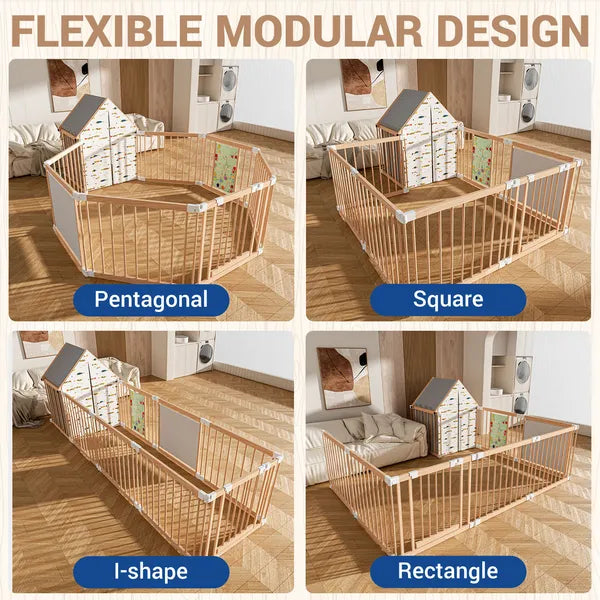 Natural Wood 10-Panel Foldable Baby Playpen